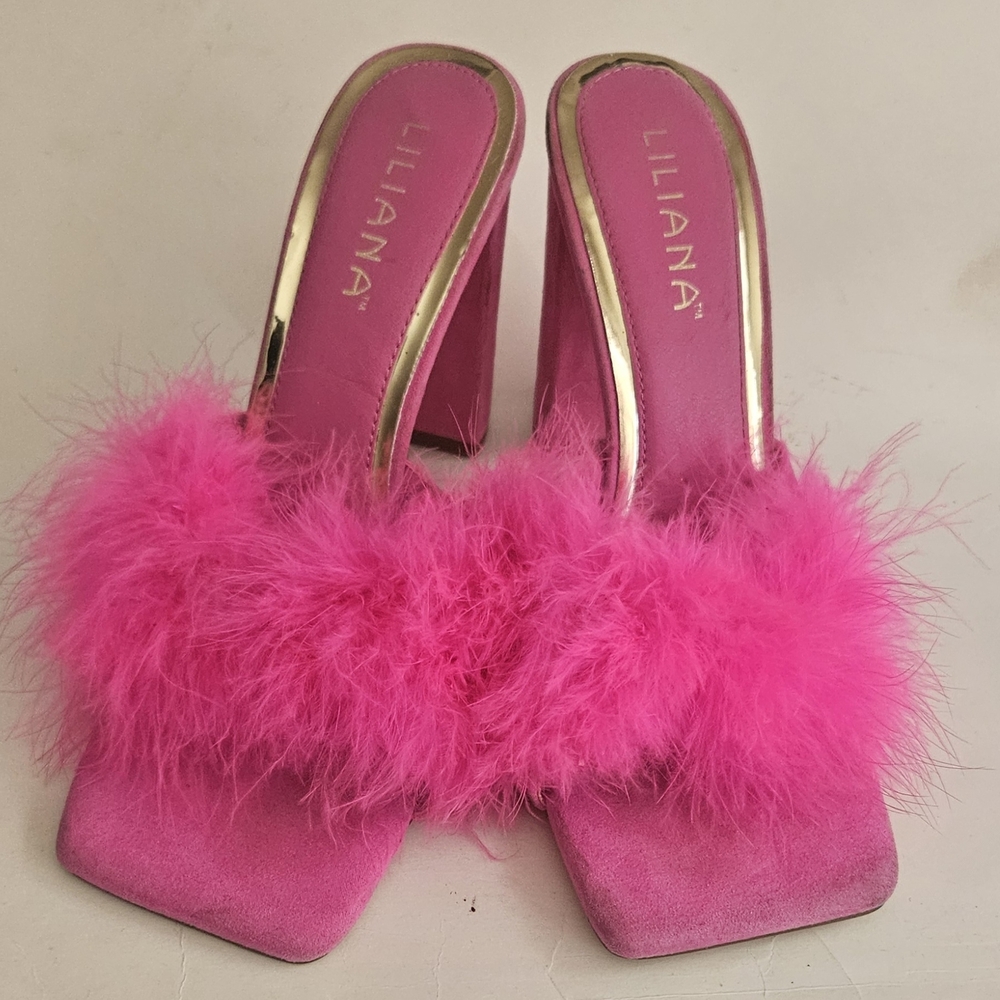 Liliana bright pink maribou feather 4" high square toe mules, size 10 - Picture 3 of 15